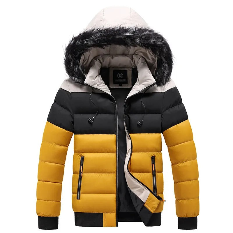 Men's High-Neck Insulated Puffer Jacket With Trimmed Hood - Yellow