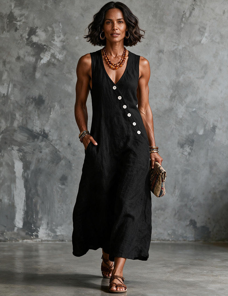 Women's Linen Sleeveless V Neck Midi Dress