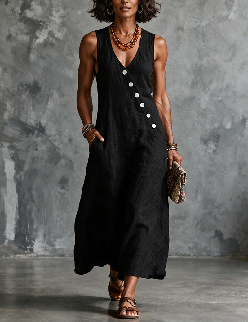 Women's Linen Sleeveless V Neck Midi Dress