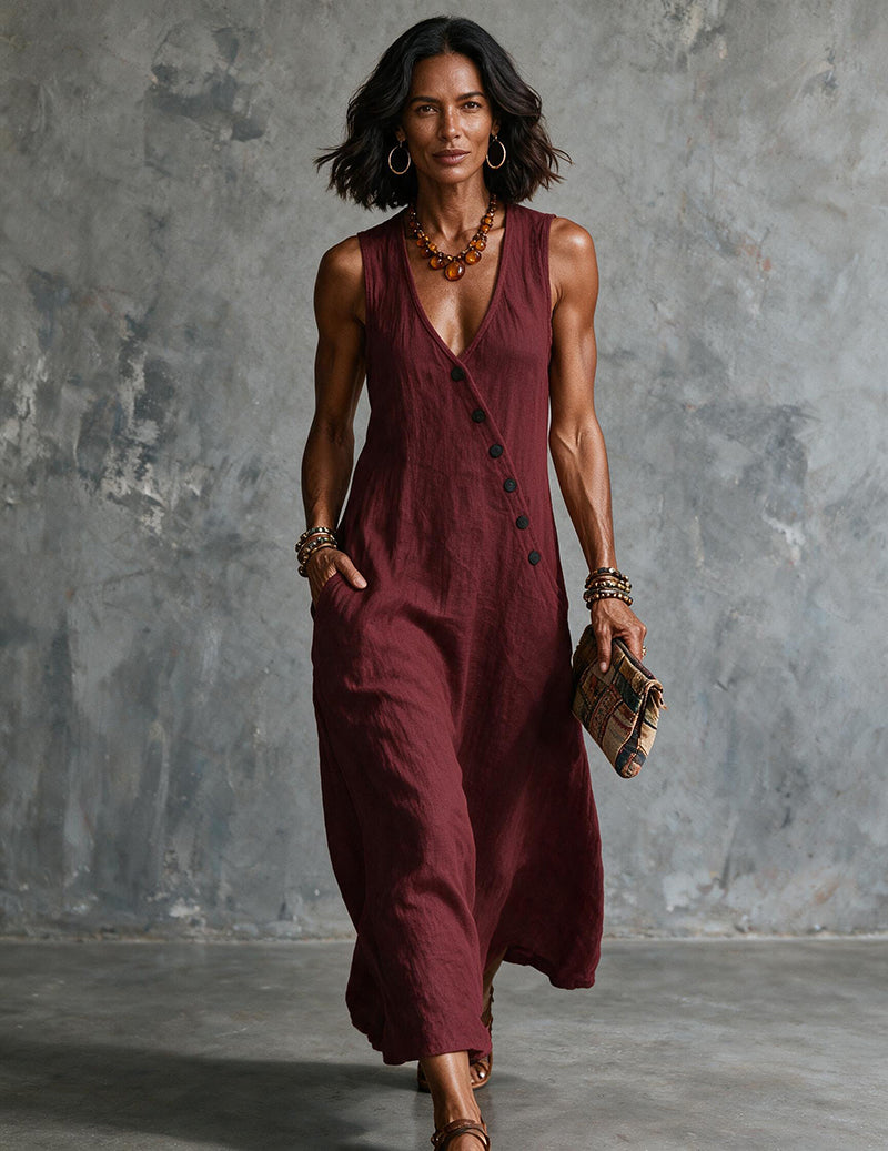Women's Linen Sleeveless V Neck Midi Dress