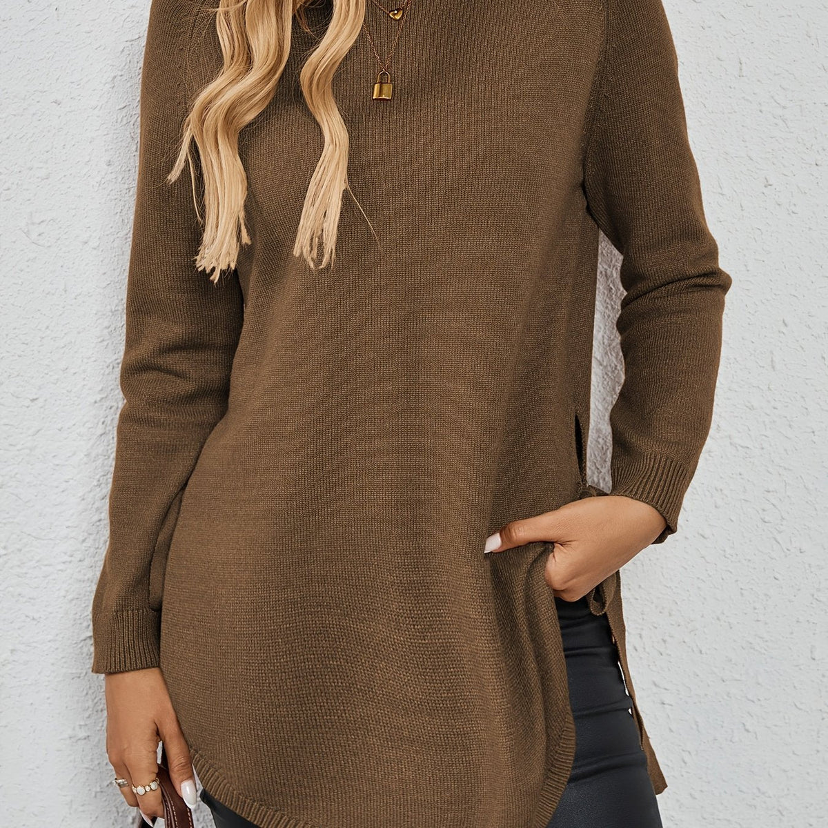 Women's Relaxed Longline Pullover Knit with Side Split Hem - Dark Brown