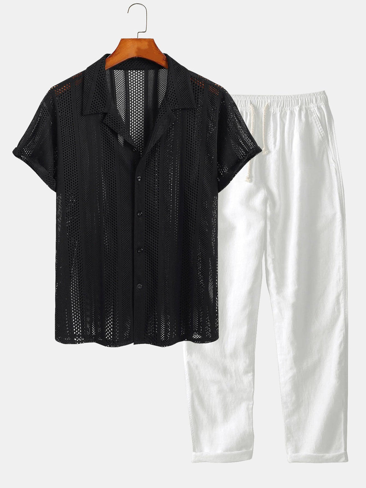 Men's Airy Mesh Shirt and Linen Blend Trousers Lightweight