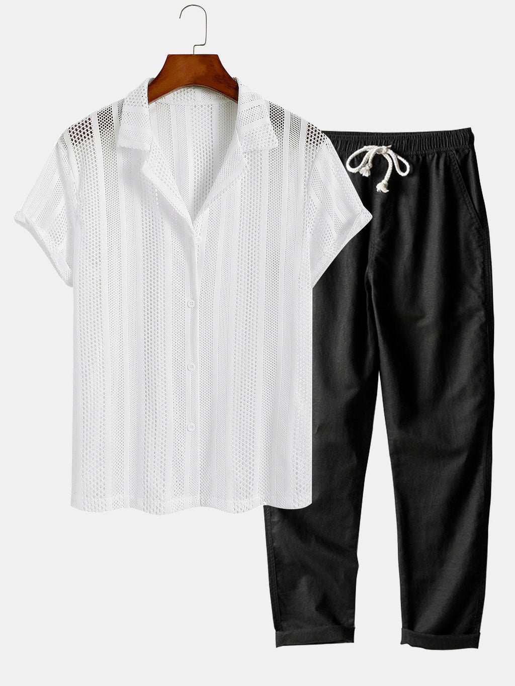 Men's Airy Mesh Shirt and Linen Blend Trousers Lightweight