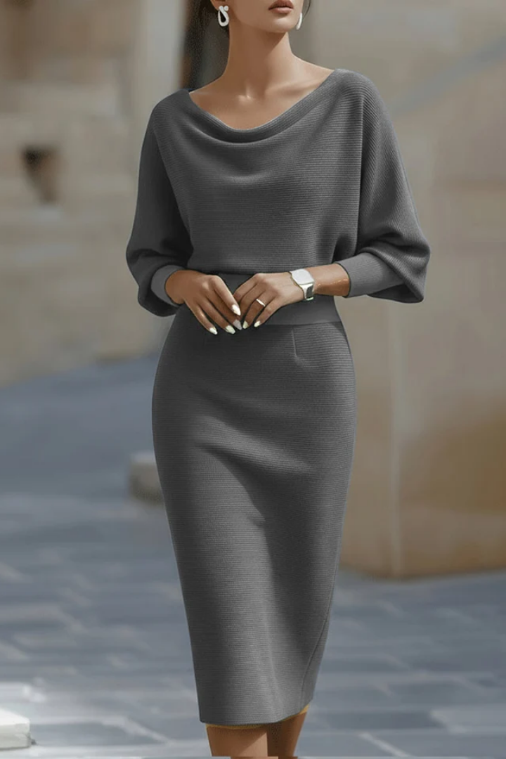 Women's Soft Drape Midi Dress with Wide Sleeves - Grey