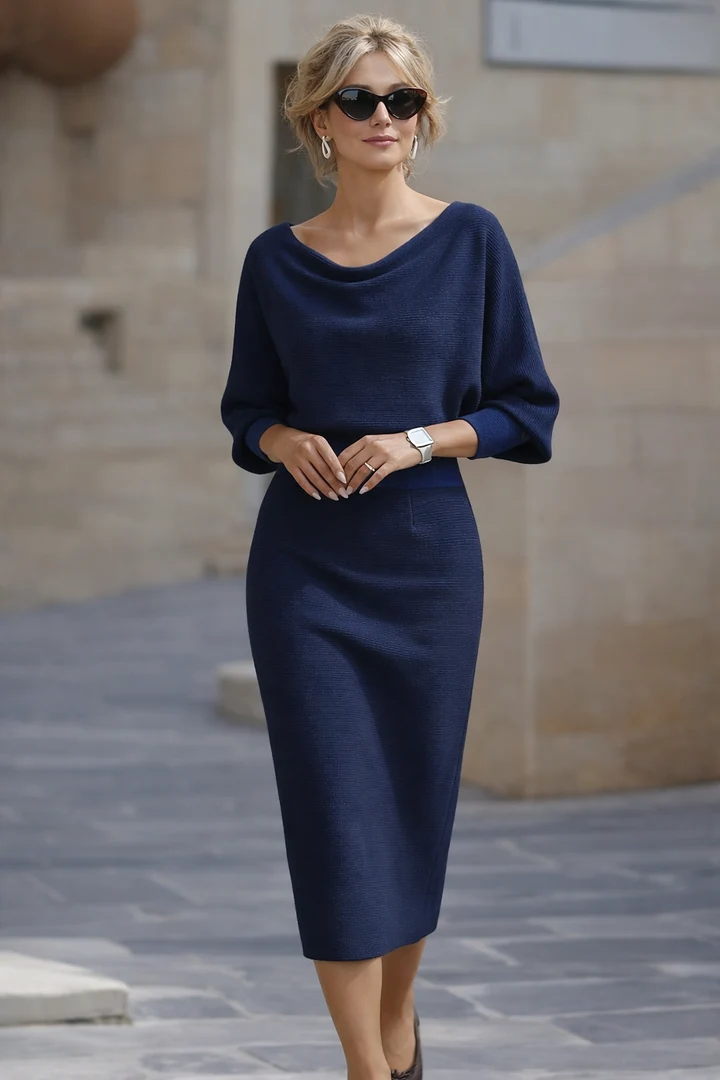 Women's Soft Drape Midi Dress with Wide Sleeves - Navy Blue