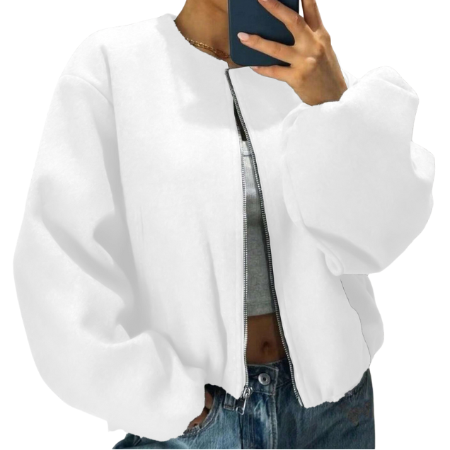 Women's Puff Sleeve Zip-Front Bomber With Round Neck - White