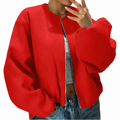 Women's Puff Sleeve Zip-Front Bomber With Round Neck - Red
