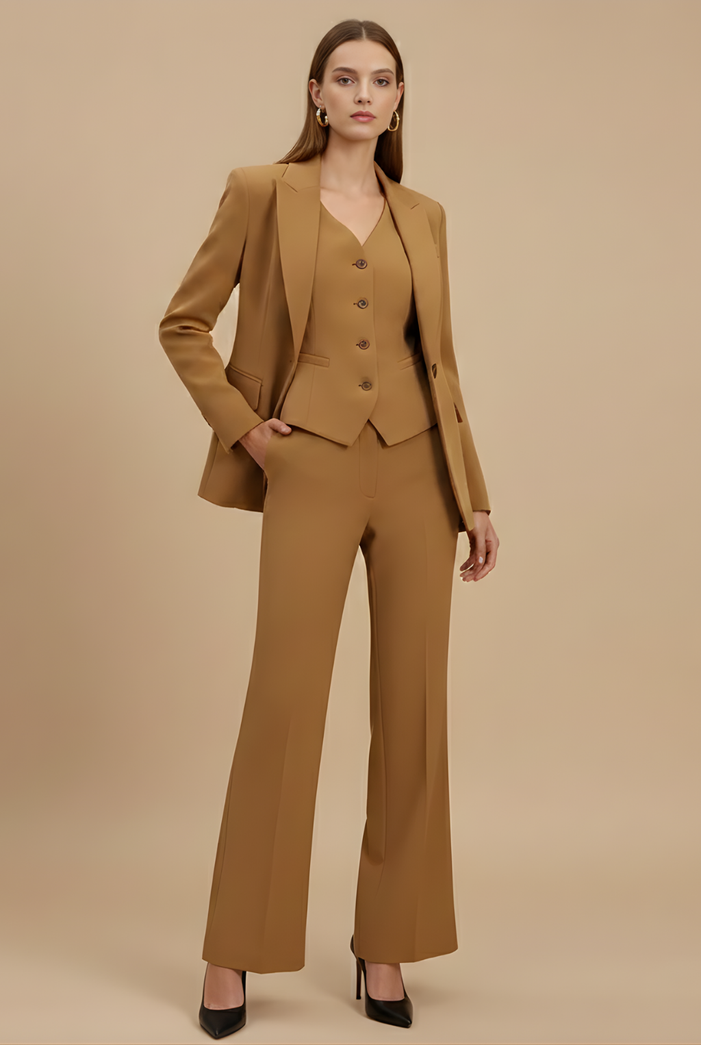 Women's Flare Trouser Three-Piece Tailored Suit with Waistcoat - Brown