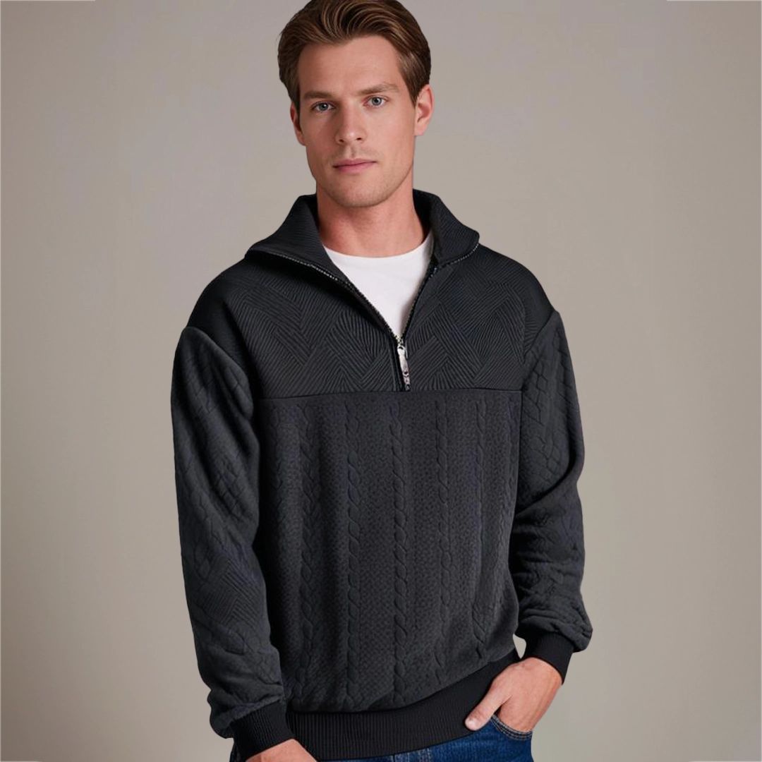 Men's Cable Knit Half Zip Sweater with Textured Yoke