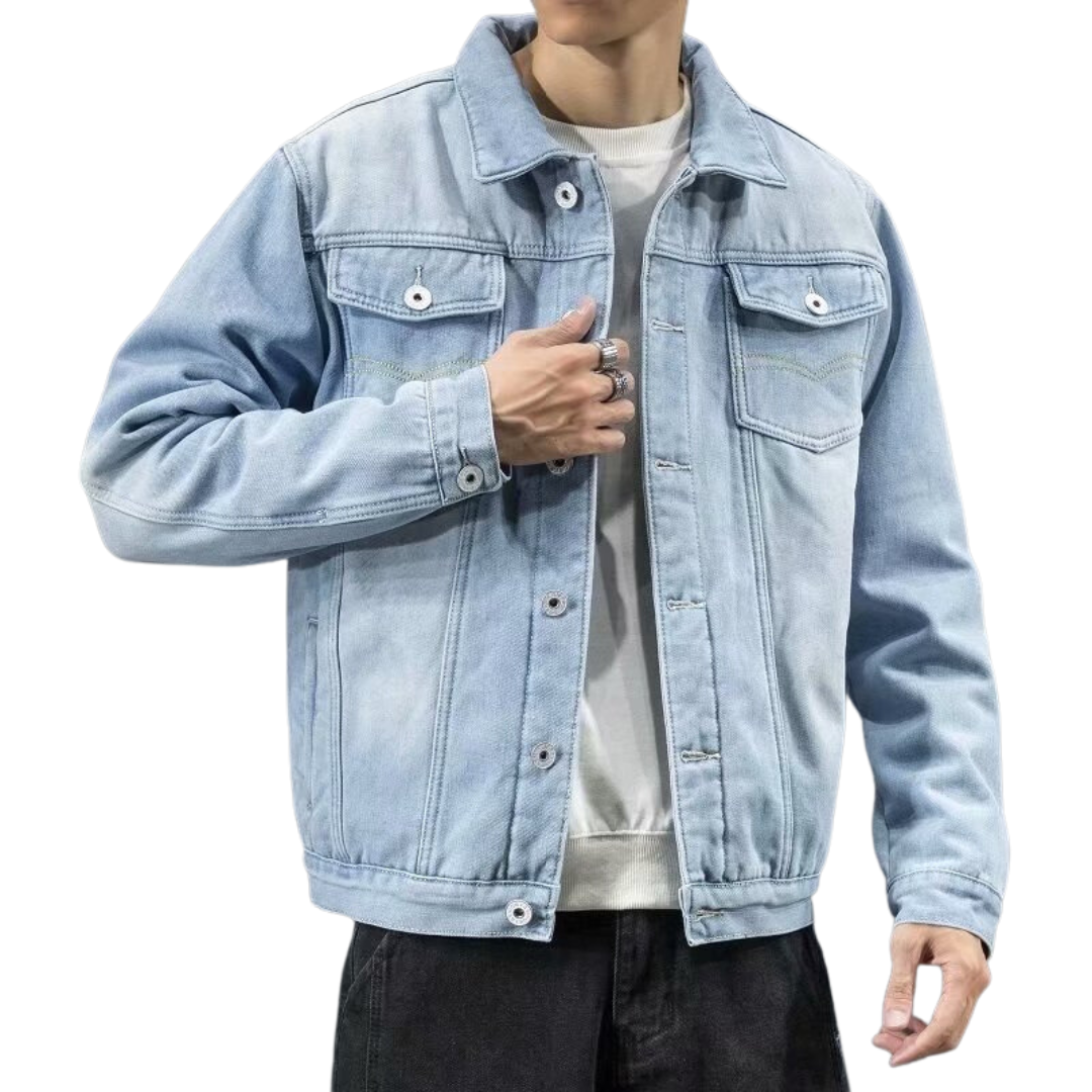 Men's Pointed-Collar Denim Jacket With Plush Fleece Interior - Light Blue