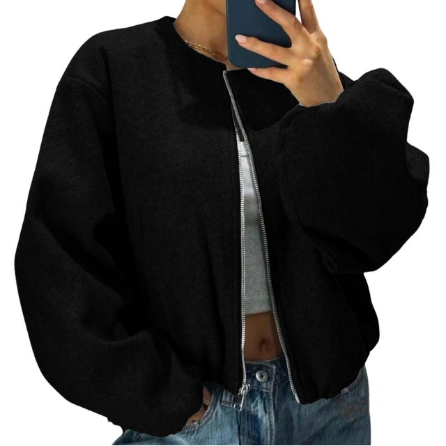 Women's Puff Sleeve Zip-Front Bomber With Round Neck - Black