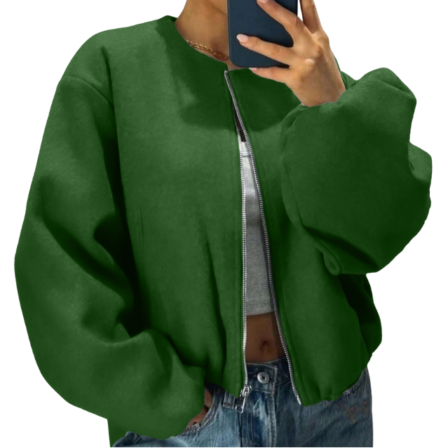Women's Puff Sleeve Zip-Front Bomber With Round Neck - Green
