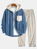Men's Corduroy Hooded Shirt Jacket and Drawstring Trousers Set - Blue/Cream
