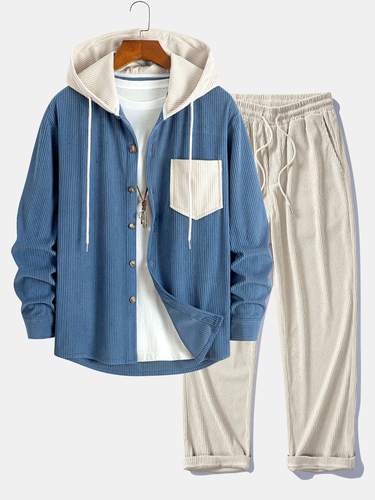 Men's Corduroy Hooded Shirt Jacket and Drawstring Trousers Set - Blue/Cream