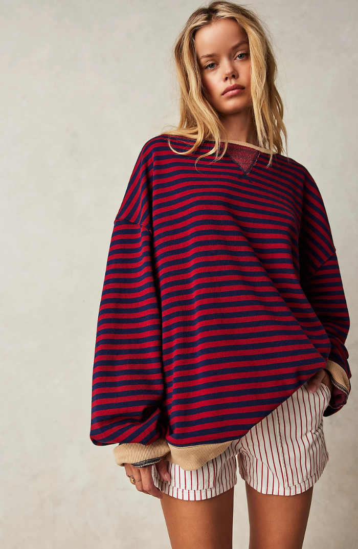 Women's Oversized Striped Sweatshirt Relaxed Balloon Sleeve Pullover