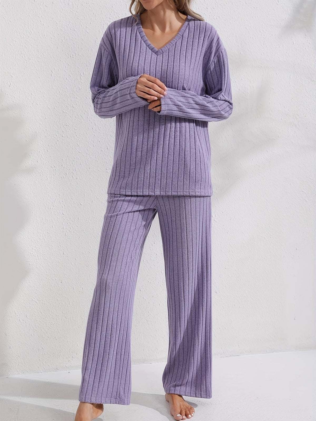 Women's Soft Rib Knit V-Neck Lounge Set