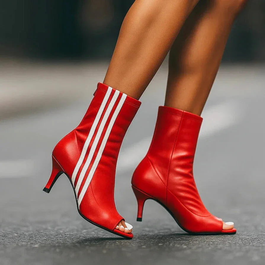 Women's Striped Peep Toe Mid Heel Ankle Boots