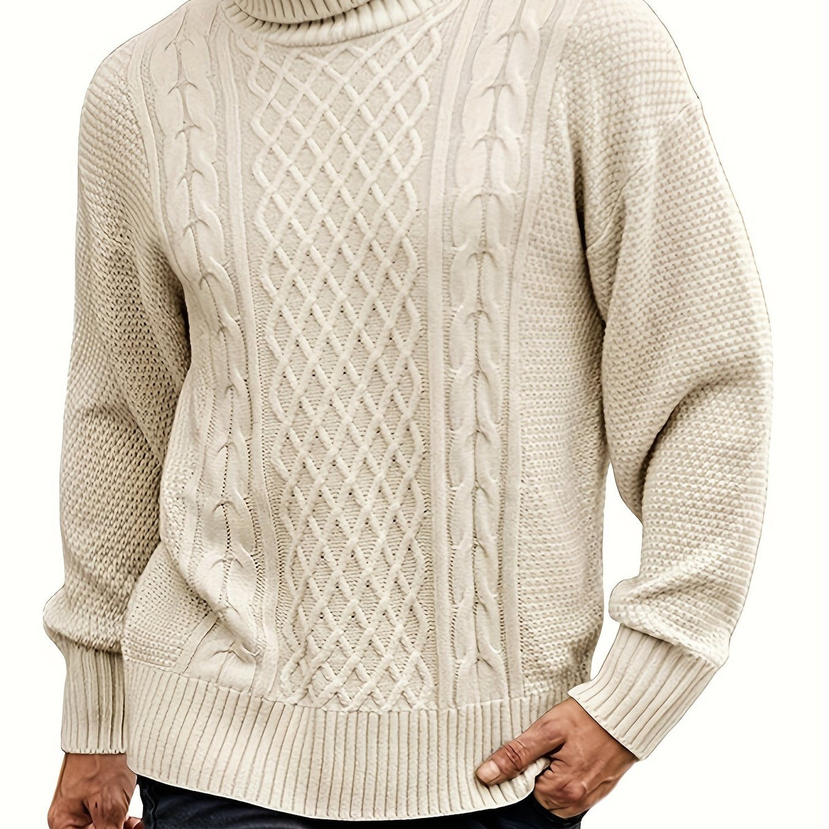 Women's Plus Size Cable Pattern High Neck Knit - Beige
