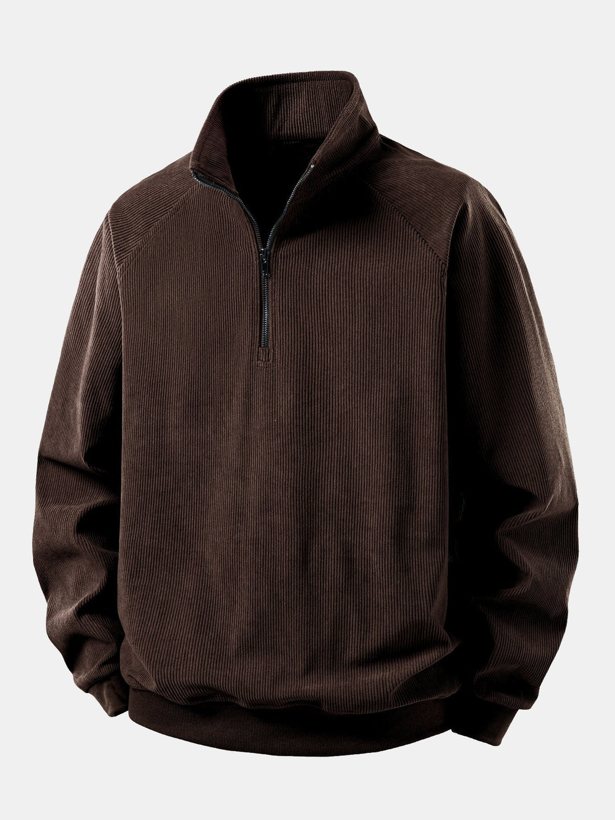 Men's Fine Cord Raglan Sleeve Pullover with Zip Collar - Dark Brown