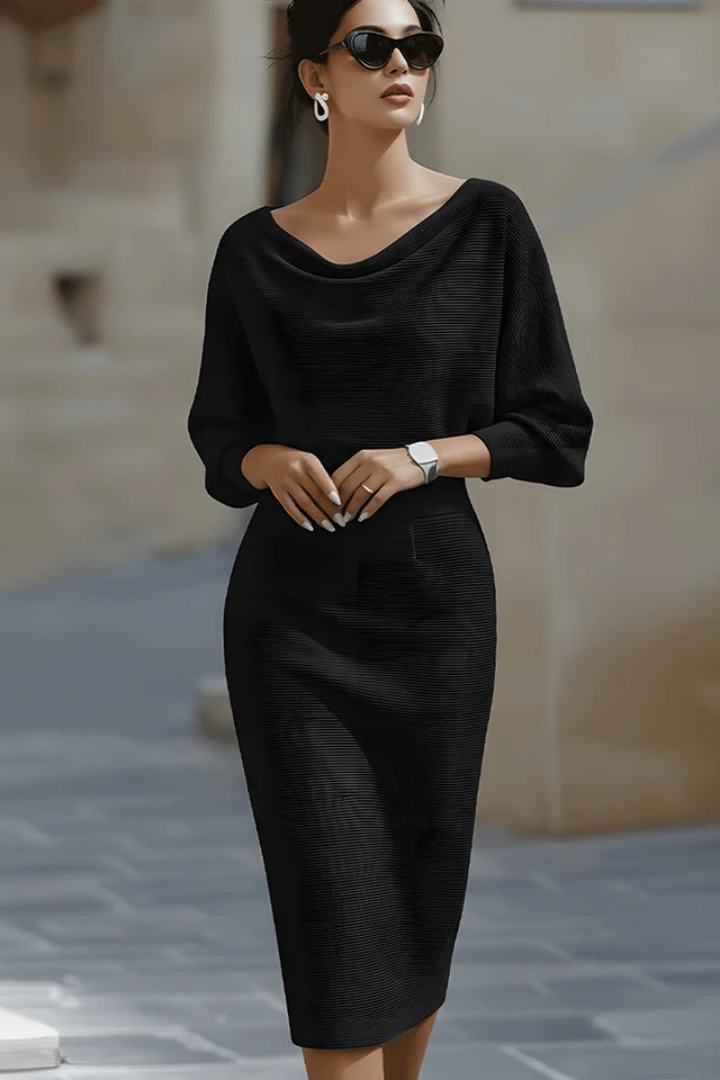 Women's Soft Drape Midi Dress with Wide Sleeves - Black