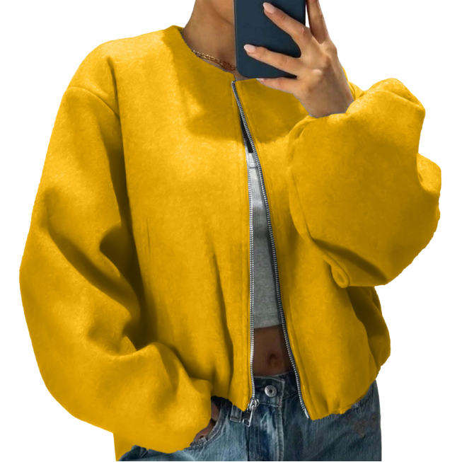 Women's Puff Sleeve Zip-Front Bomber With Round Neck - Mustard Yellow