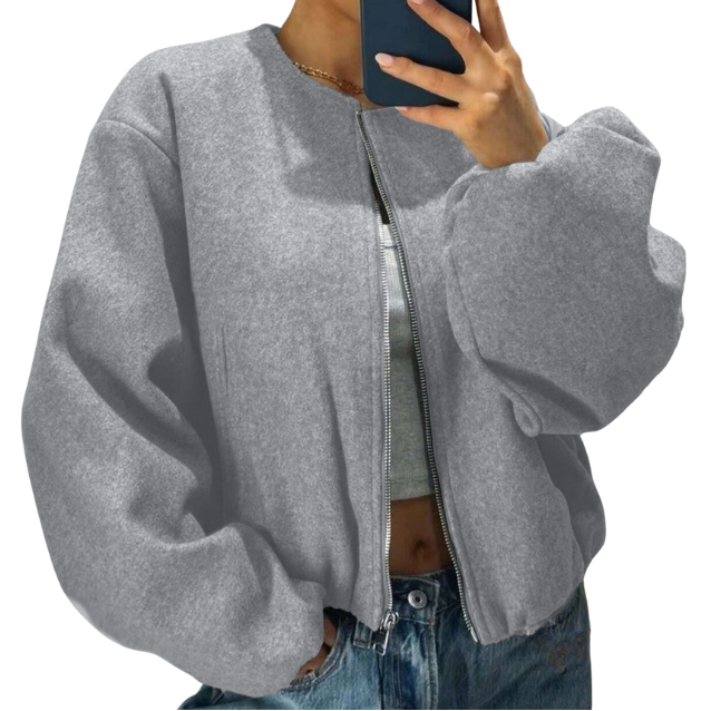 Women's Puff Sleeve Zip-Front Bomber With Round Neck - Grey