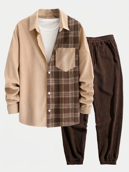 Men's Corduroy Button Shirt with Jogger Trousers Relaxed Autumn