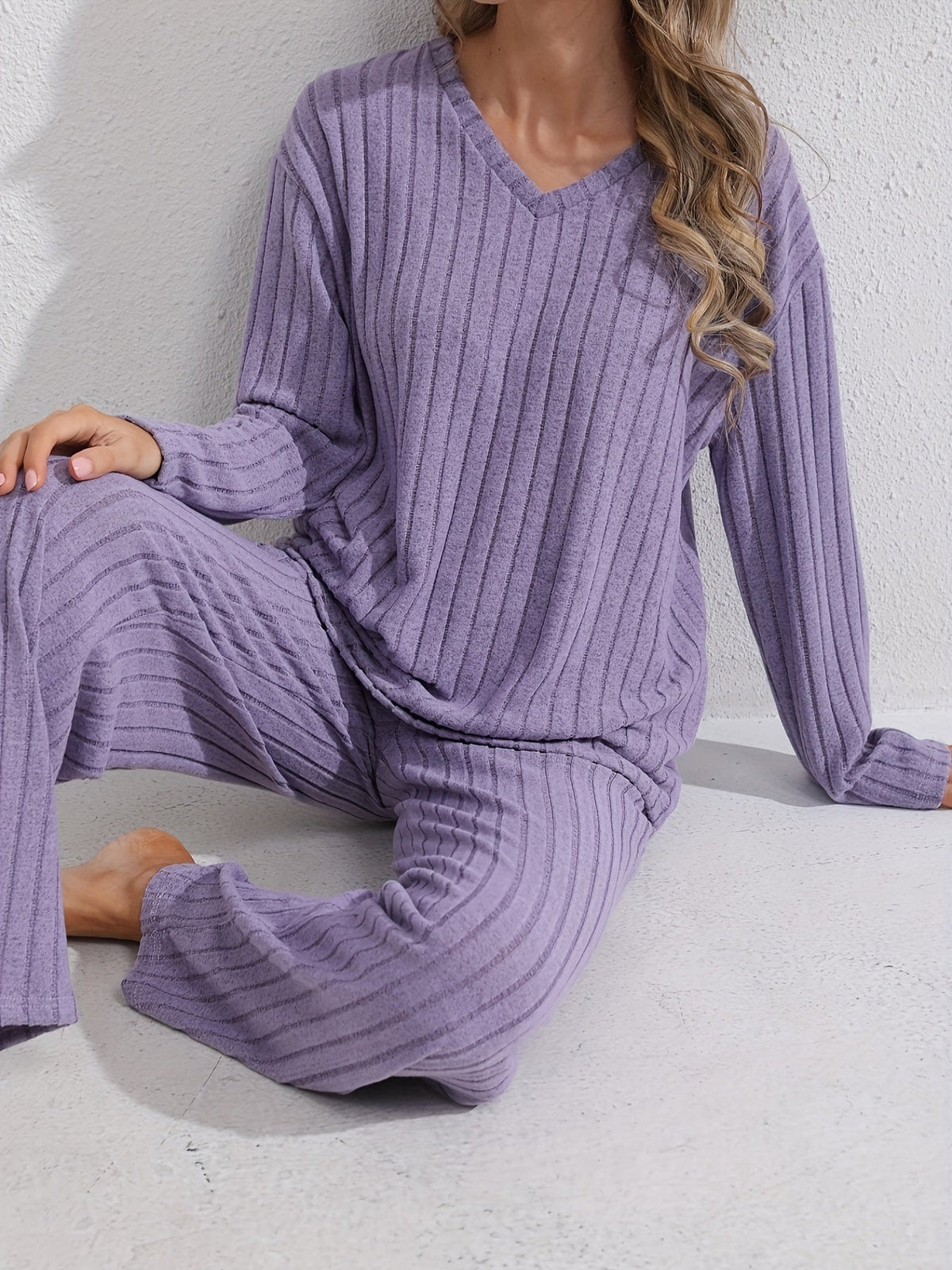 Women's Soft Rib Knit V-Neck Lounge Set