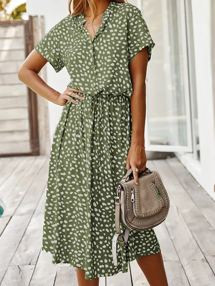 Women's Midi Summer Dress Adjustable Waist Lightweight Printed