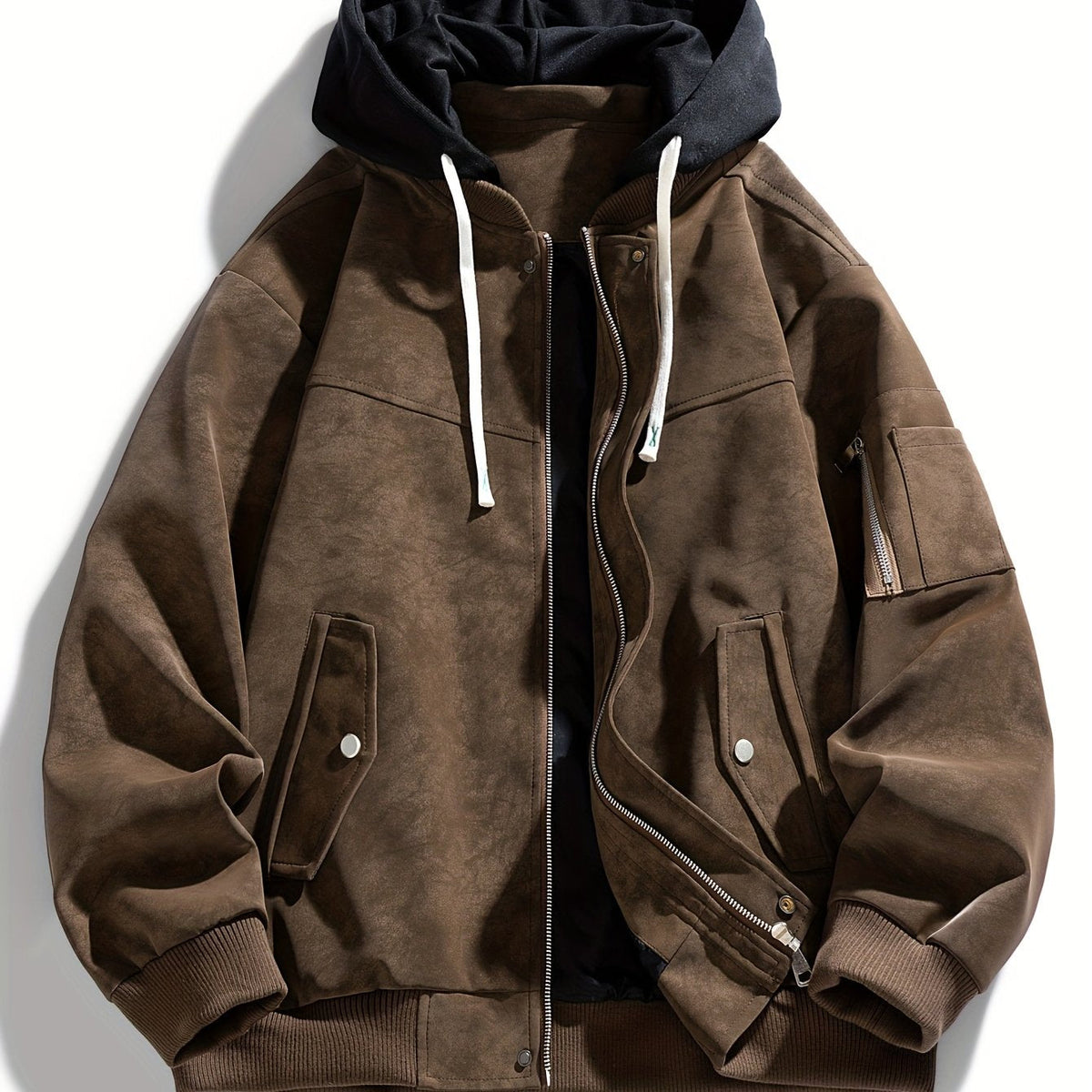 Women's Utility Hooded Jacket with Zip Sleeve Pocket - Coffee Colour
