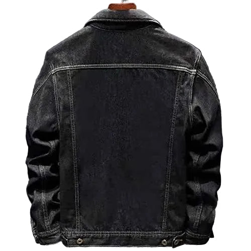Men's Pointed-Collar Denim Jacket With Plush Fleece Interior