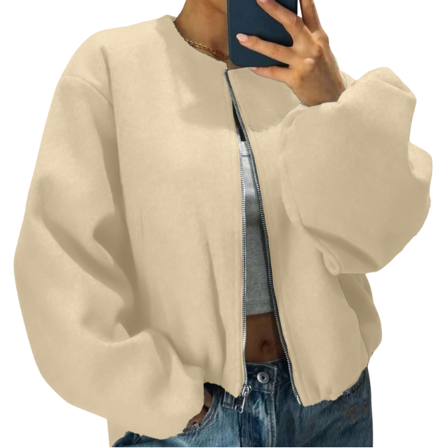 Women's Puff Sleeve Zip-Front Bomber With Round Neck - Beige