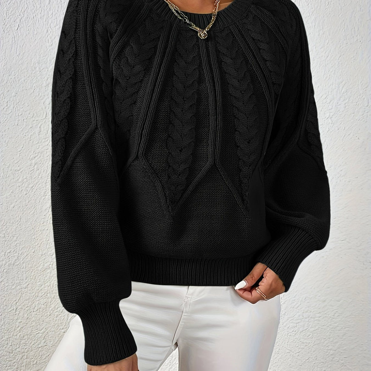 Women's Voluminous Sleeve Sweater with Cable Knit Texture