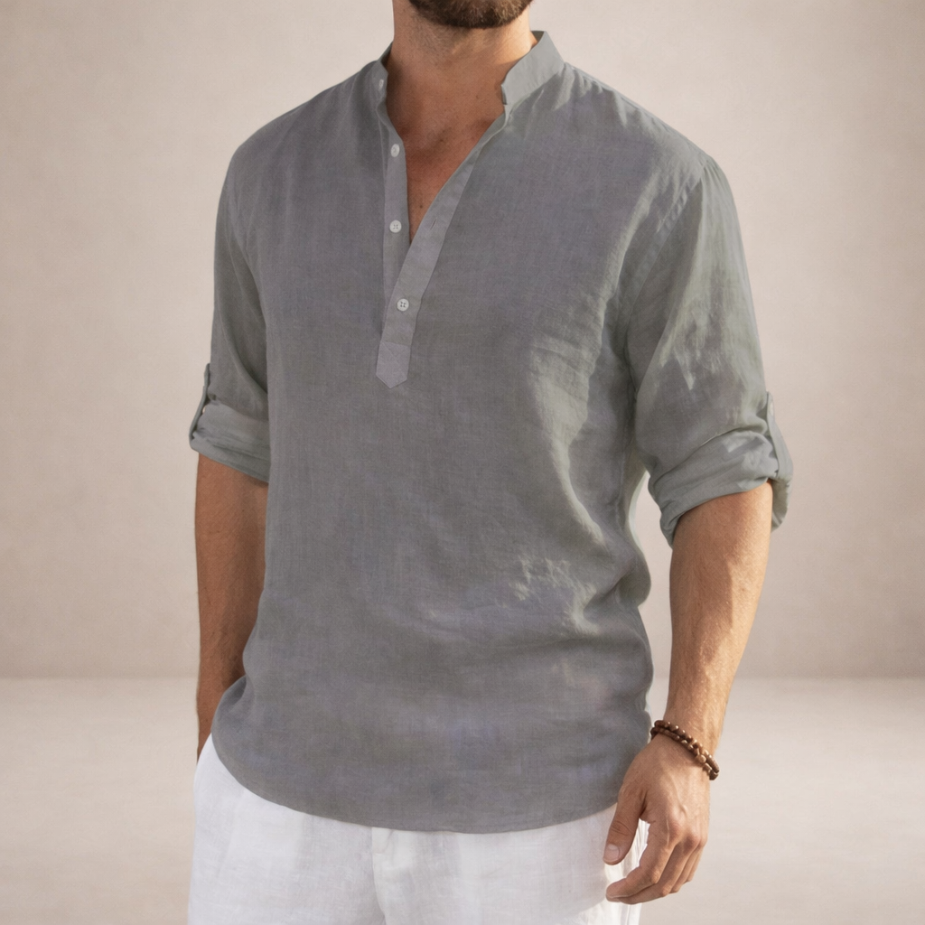Men's Linen Shirt Open Placket Roll Sleeve Resort Fit