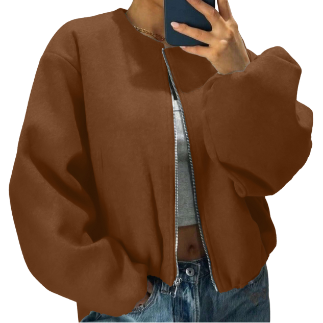 Women's Puff Sleeve Zip-Front Bomber With Round Neck - Brown
