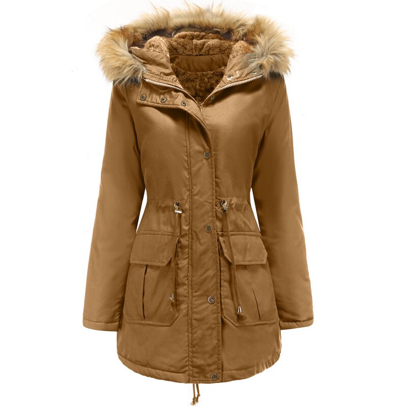 Women's Adjustable Waist Hooded Parka With Faux-Fur Trim - Brown