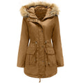 Women's Adjustable Waist Hooded Parka With Faux-Fur Trim - Brown