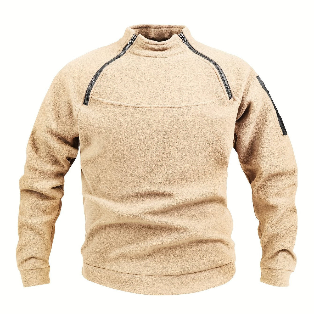 Women's Mock Neck Plush Pullover with Contrast Zip Detail - Apricot