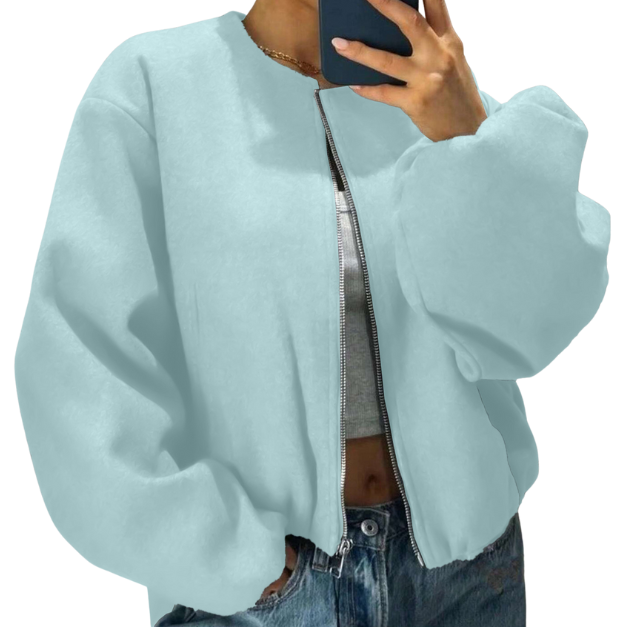 Women's Puff Sleeve Zip-Front Bomber With Round Neck - Light Blue
