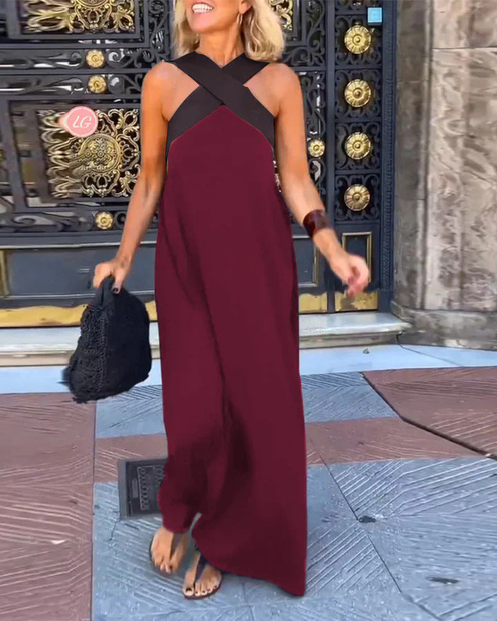 Women's Crossover Halter Maxi Dress With Flowing Silhouette