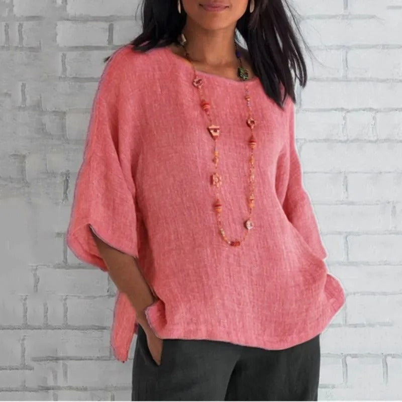 Women's Relaxed-Fit V-Neck 3/4 Sleeve Linen Tunic