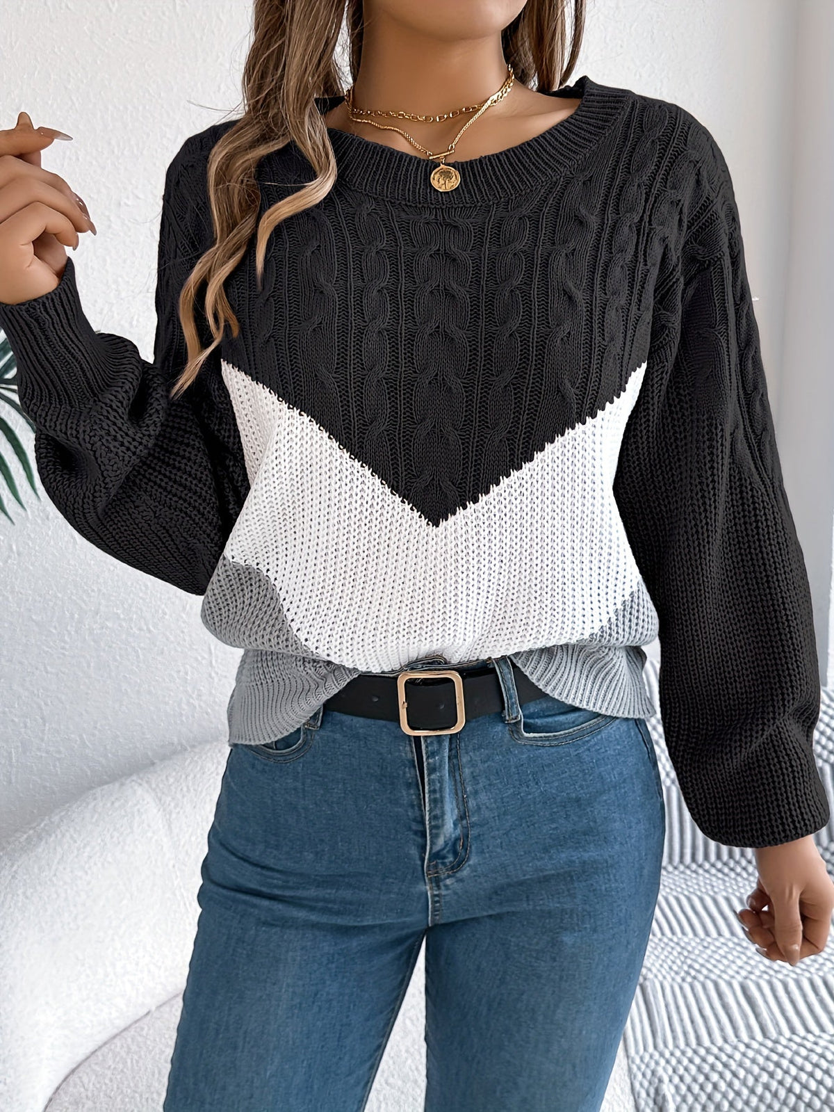 Women's Two-Tone Knit Crew Neck Pullover
