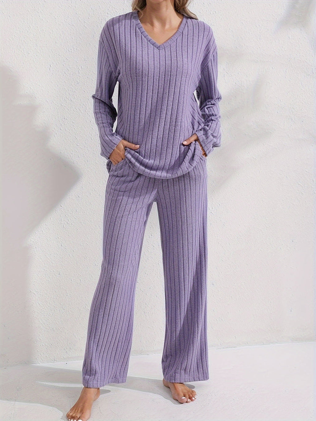 Women's Soft Rib Knit V-Neck Lounge Set