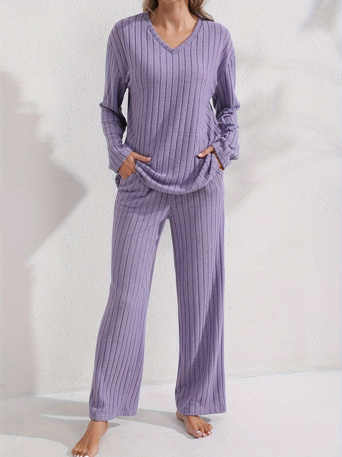 Women's Soft Rib Knit V-Neck Lounge Set