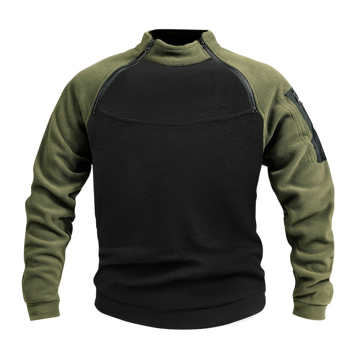 Women's Mock Neck Plush Pullover with Contrast Zip Detail - Black With Green