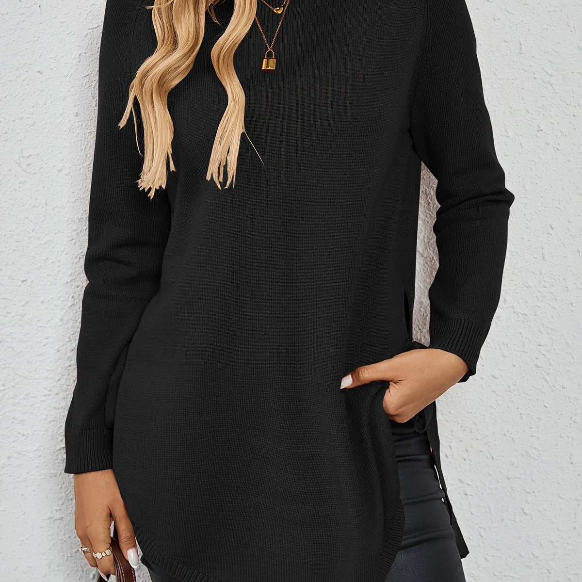 Women's Relaxed Longline Pullover Knit with Side Split Hem - Black
