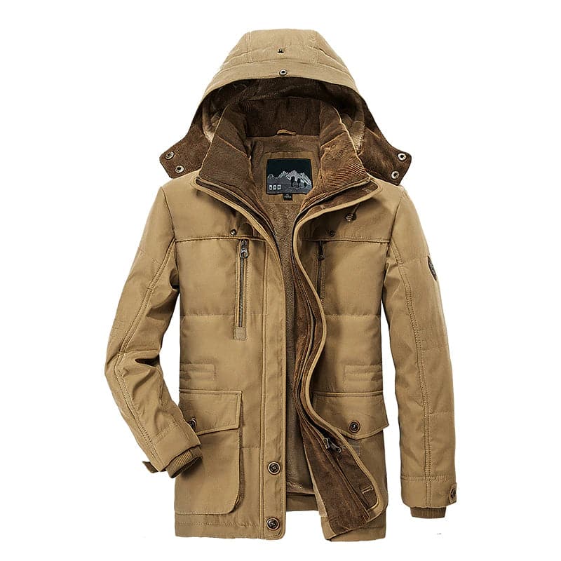 Men's Hooded Winter Parka With Chest and Flap Pockets - Khaki