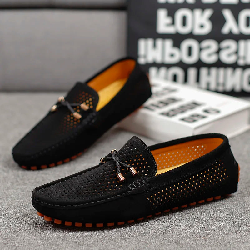 Men's Perforated Leather Driving Loafers Breathable Slip On Shoes