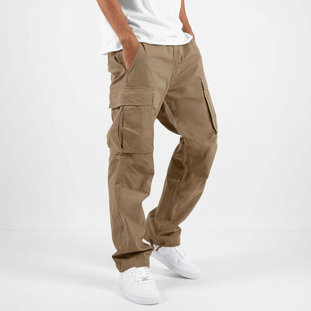 Men's Relaxed Fit Cotton Cargo Trousers Breathable Tapered Streetwear