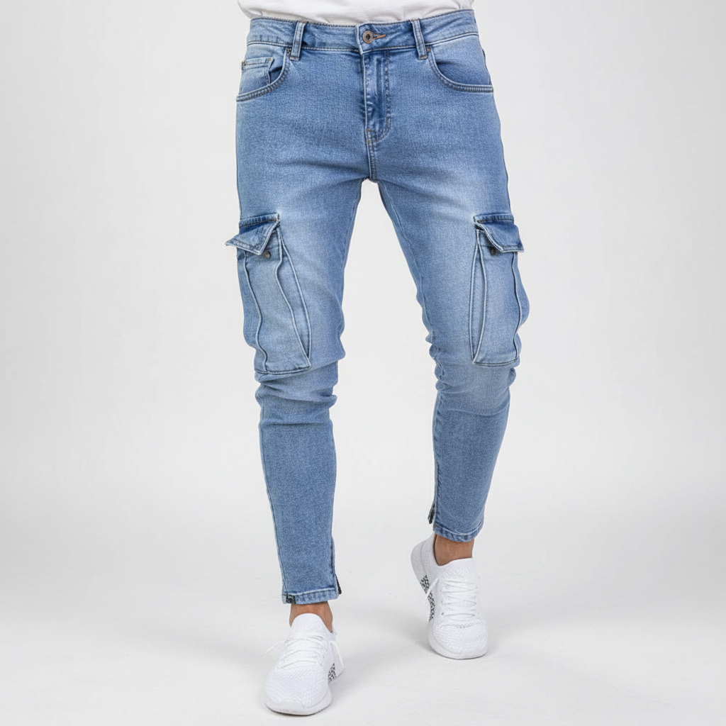 Men's Tapered Denim Cargo Trousers Utility Streetwear with Thigh